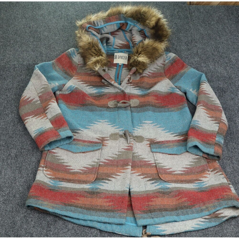 BB Dakota Jacket Women Medium Southwest Aztec Toggle Faux Fur Hooded Coat